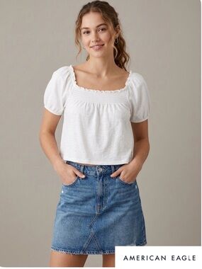 American Eagle White Smocked Puff Sleeve Off Shoulder Peasant Top NWT Small